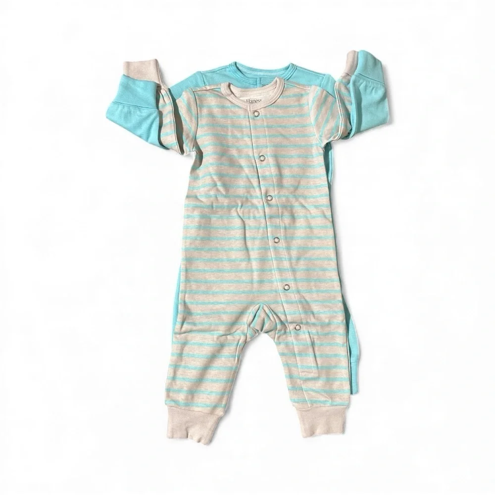 Hanes Baby Flexy 2-Pack Long Sleeve Rompers – Size 0–6M – Blue & Gray Stripe